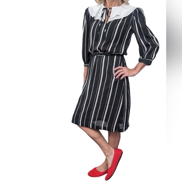 Vintage 80s Striped Dress Peter Pan Collar Wednesday Addams Dark Academia - Picture 11 of 15